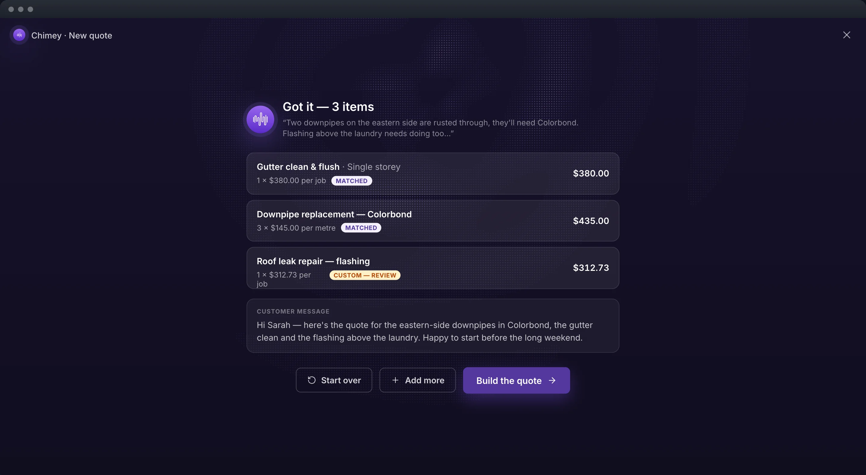 The drafted quote in the Chime web app, ready to check and send