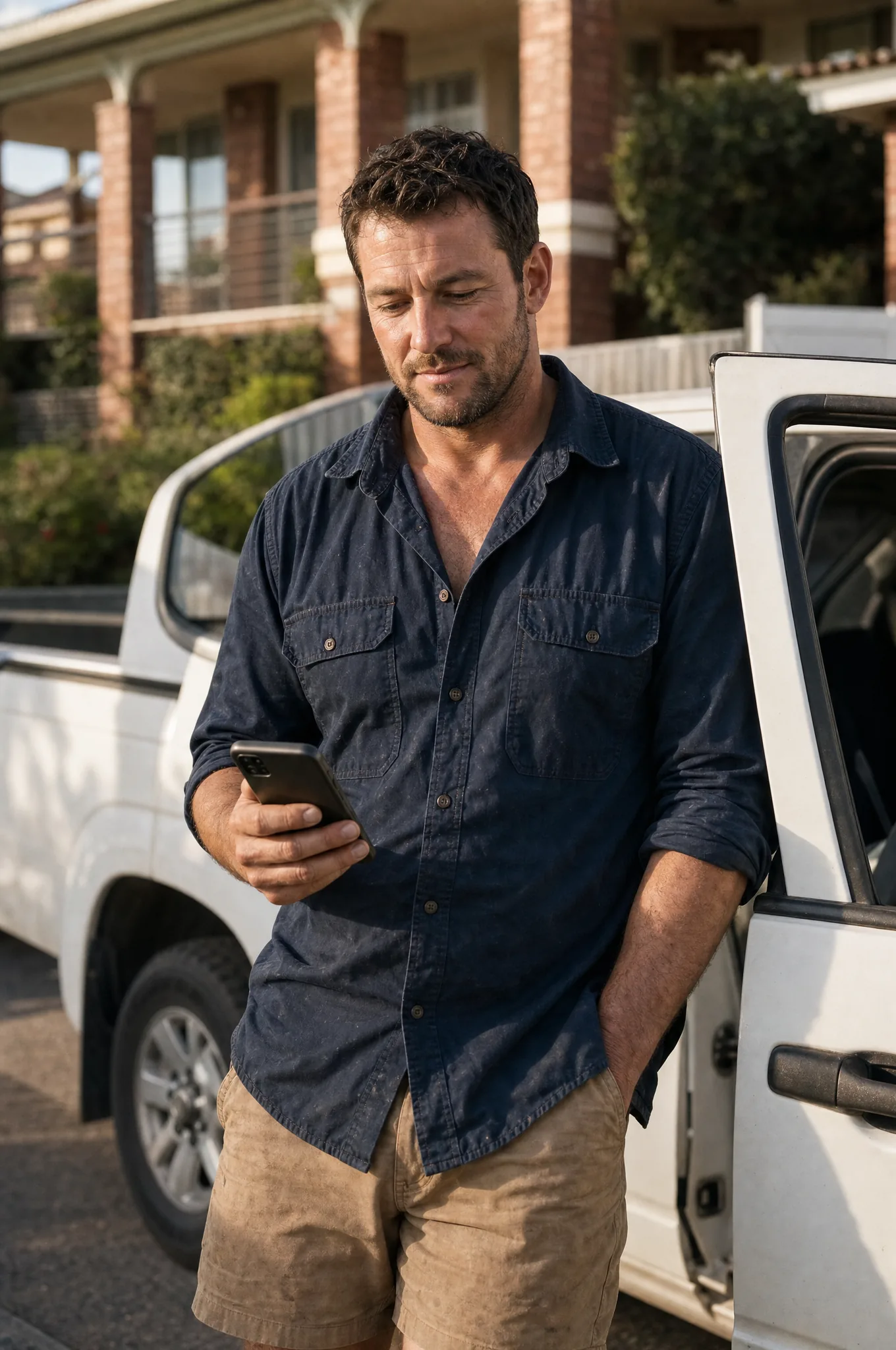 A roof plumber leaning on his ute door, checking the quote on his phone before sending it