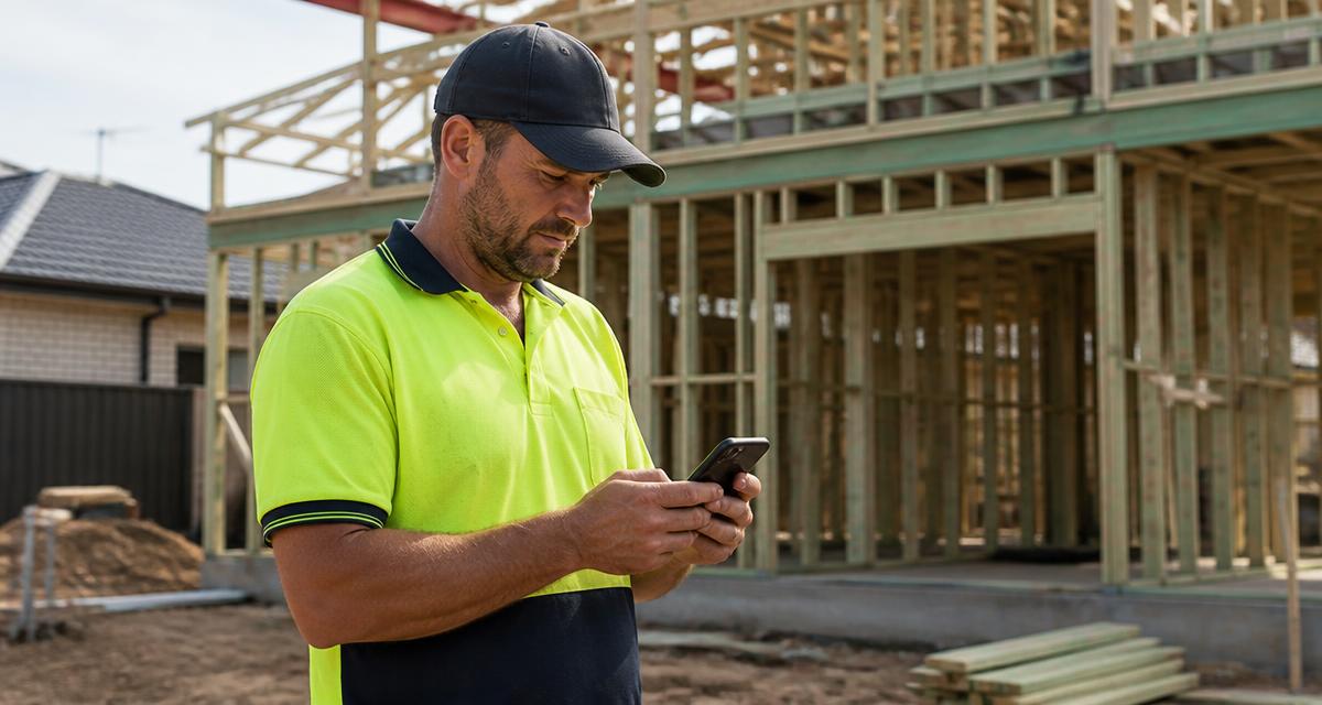 Australian builder checking his phone on a suburban home construction site
