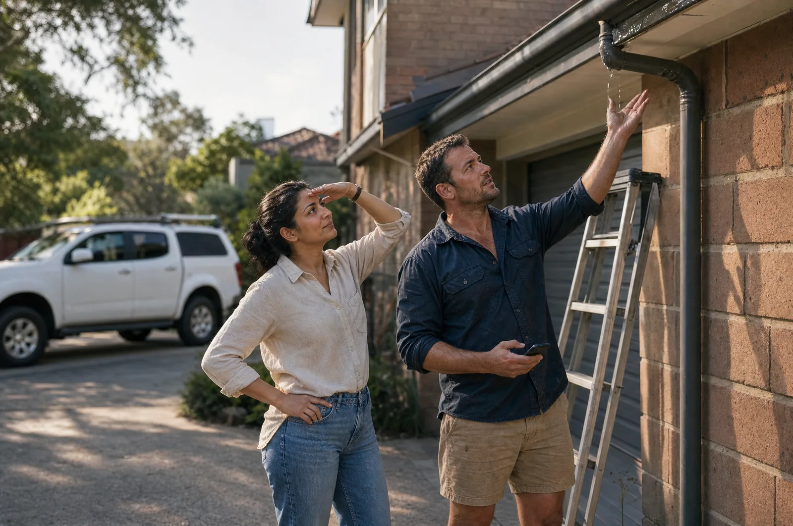 A roof plumber and a homeowner on the driveway looking up at the gutters and downpipe