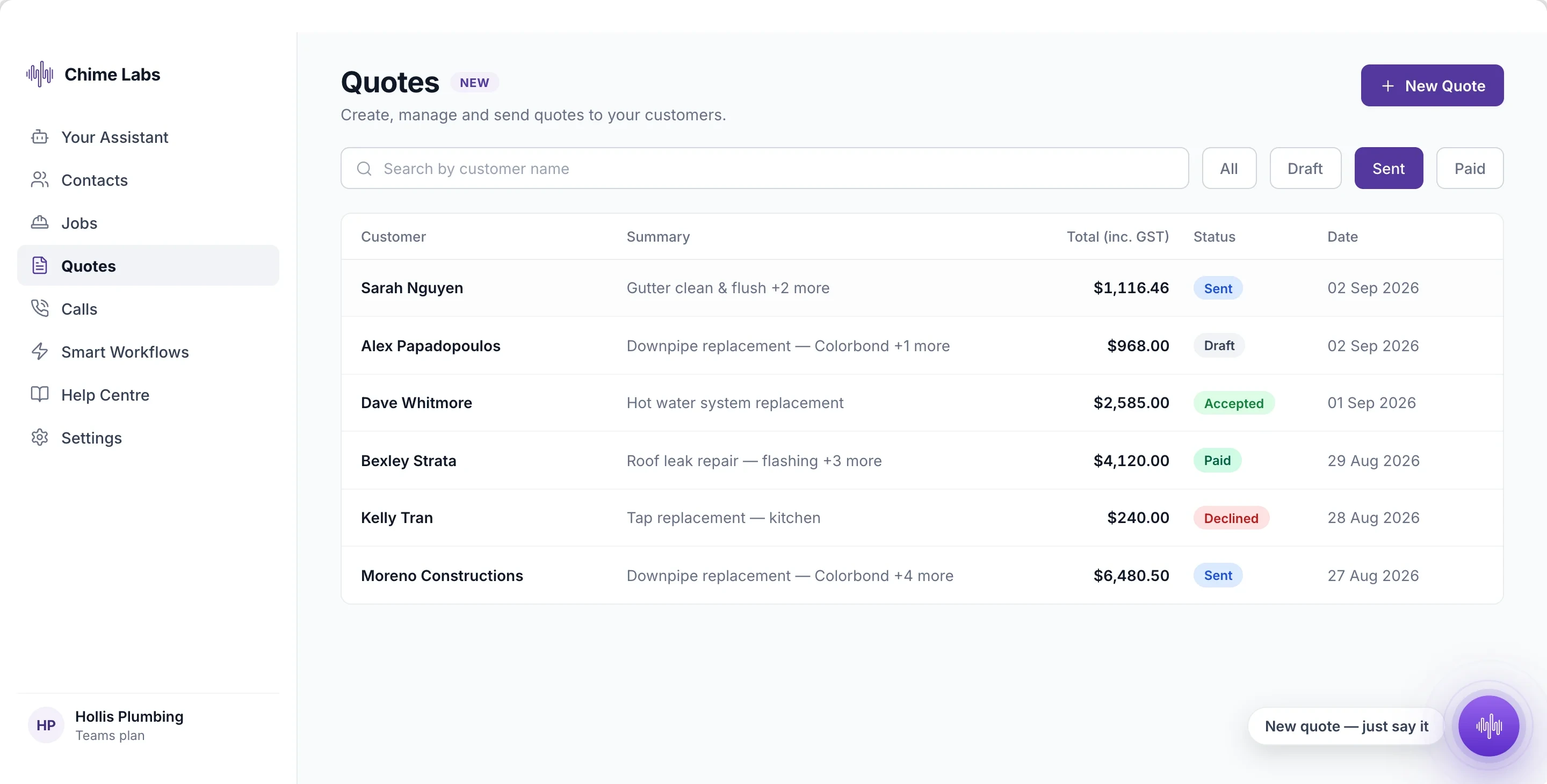 The Chime web app quotes list showing drafted, sent and accepted quotes