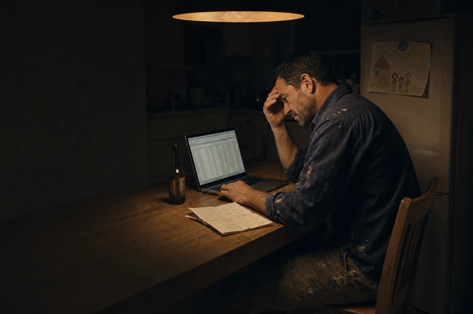 A painter at the kitchen table at 9:40pm, still working on a quote in a spreadsheet