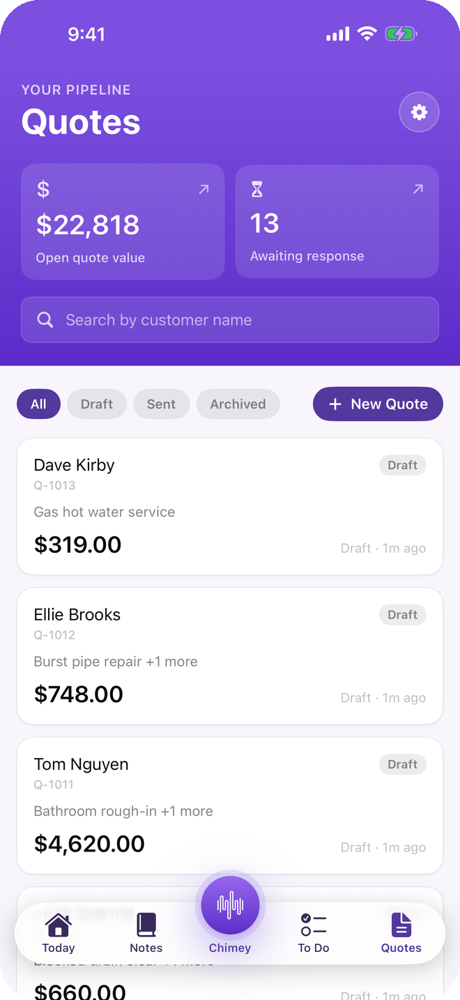 The Chime Quotes app showing a list of customer quotes