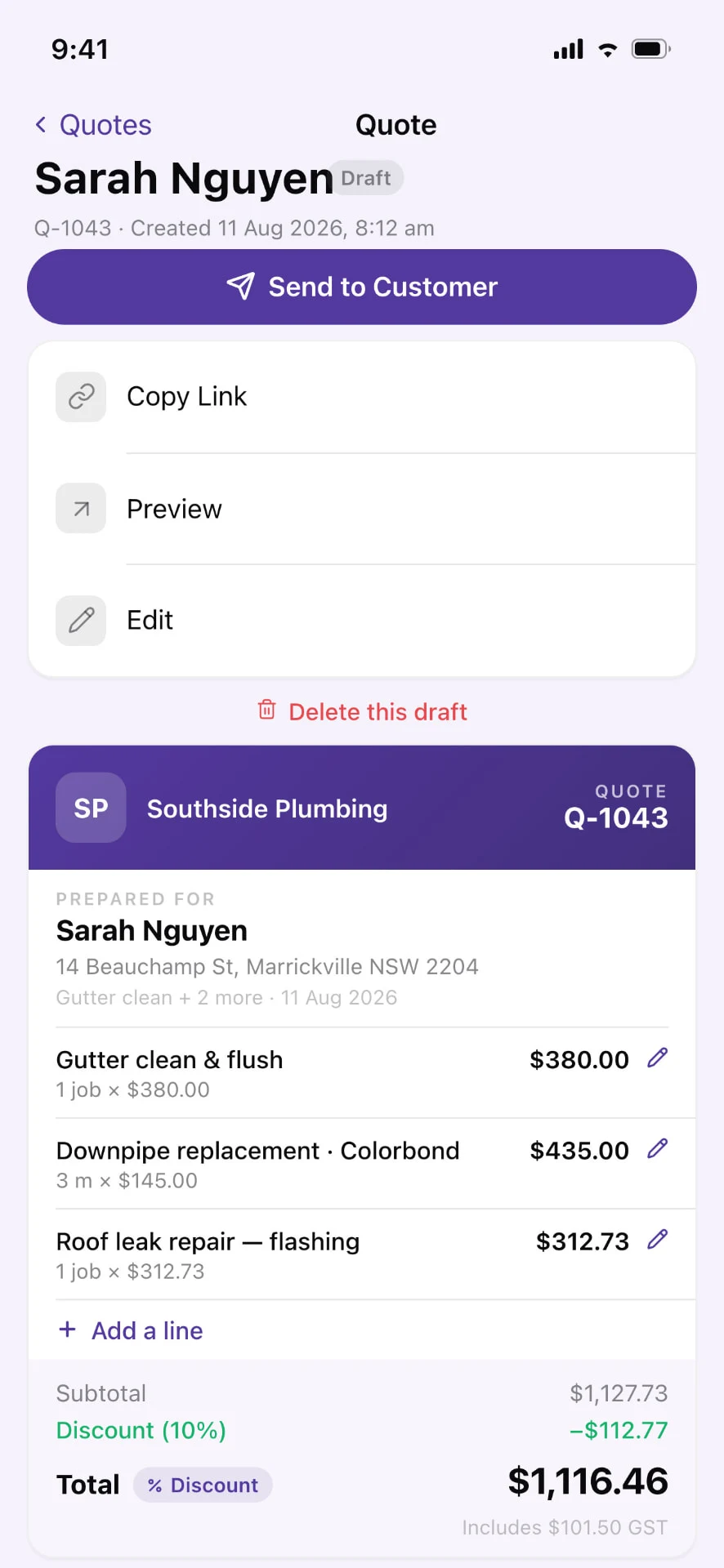 Sarah Nguyen’s quote Q-1043 in Chime Quotes with line items, discount and GST total