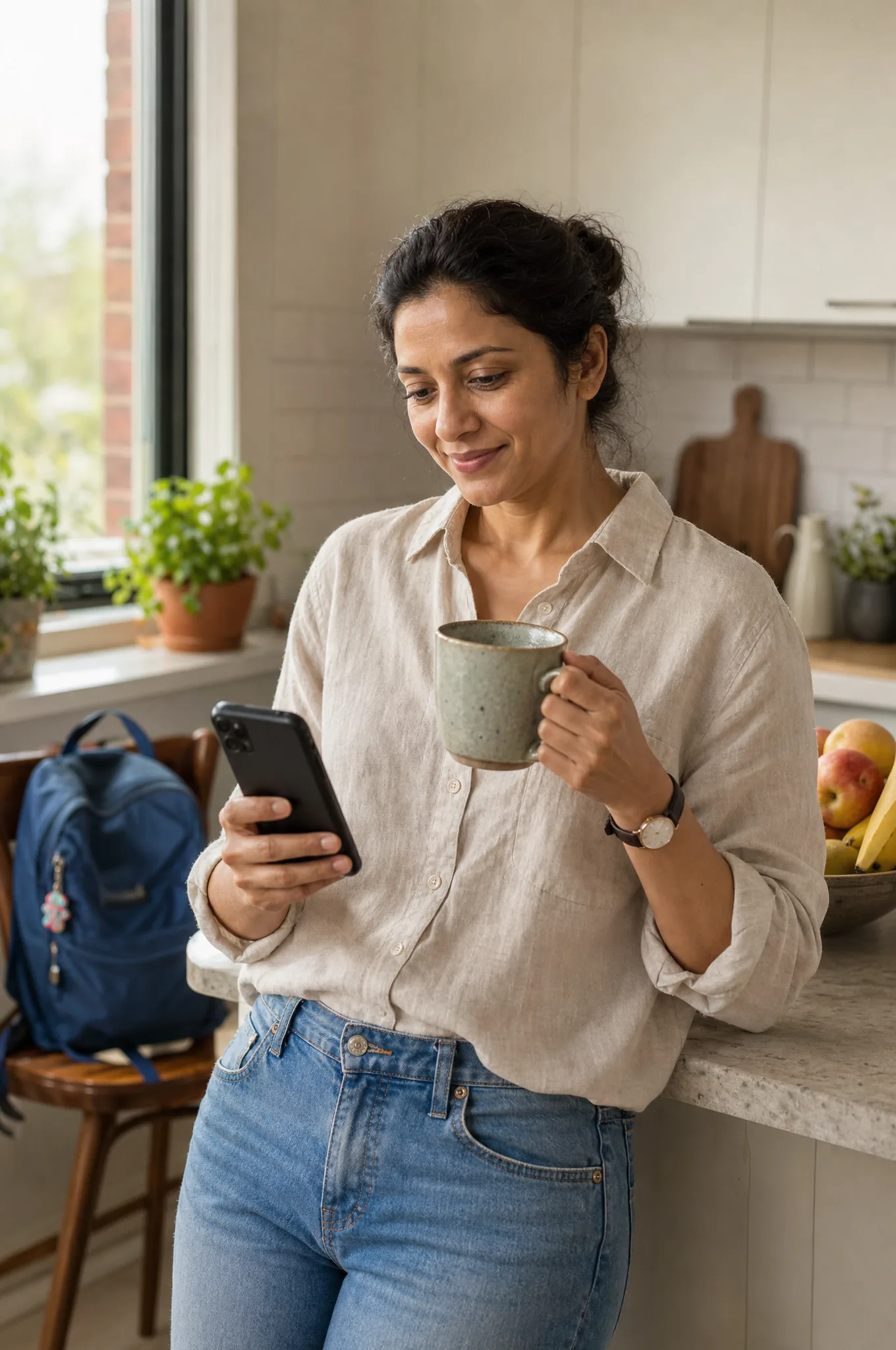 A homeowner at her kitchen bench accepting the quote on her phone