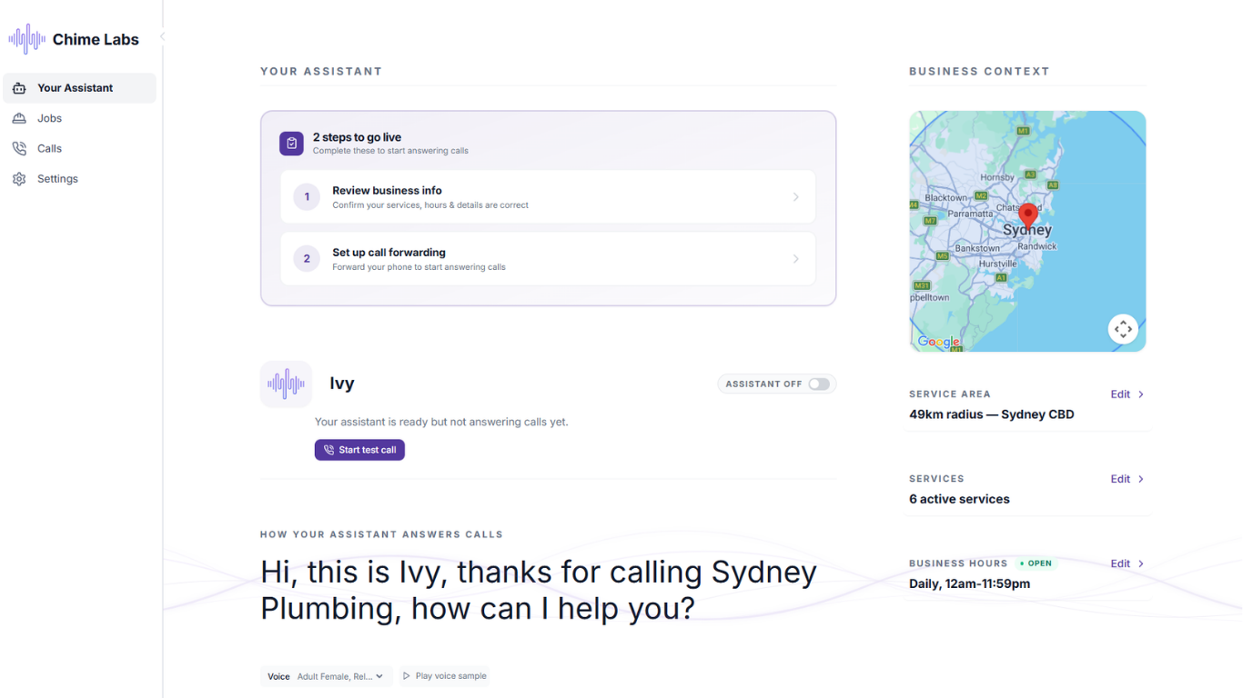 Chime Reception assistant setup screen with greeting and qualifying questions